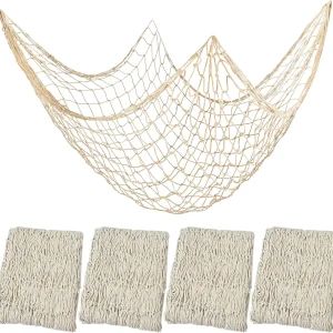 4 Pieces Natural Fish Net Decoration 80" x 40", Wall Hanging Cotton Fishnet Decor for Underwater, Mermaid, Pirate, Hawaiian, Nautical Ocean Theme Beach Bash Party Decoration (Beige)