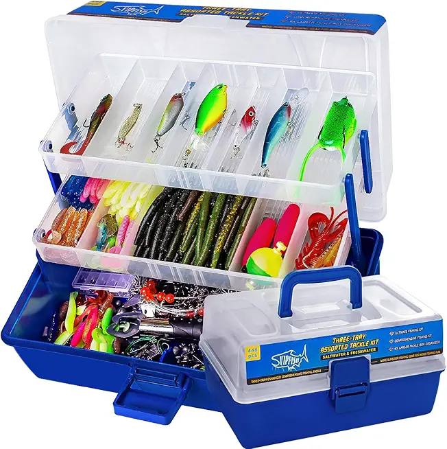 448-Pcs Fishing Lures Kit � Complete 3-Layer Tackle Box Set with Hooks, Weights, Bobbers, Pliers, Rigs, Leaders, Fluorocarbon Line, Accessories & More for Kids Fishing Gear