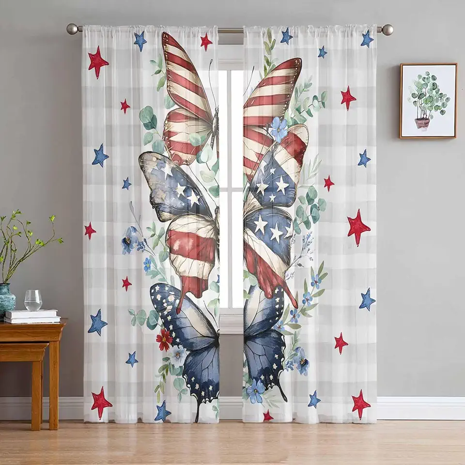 4th of July Sheer Curtains 72 Inch Long 2 Panels, Sage Green Eucalyptus Leaves Star Butterfly Curtains for Living Room Rod Pocket Sheer Drapes Light Filtering Voile Window Treatment 52"W x 72"L
