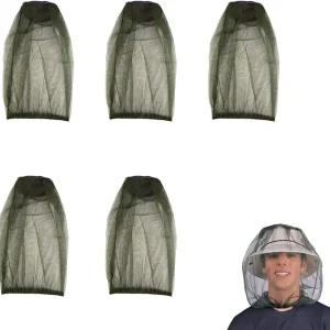 5 Pack Premium Mosquito Head Net Mesh Hat Face Netting Lightweight Durable Protective Cover Fly Insects Bugs Preventing for Camping Hiking Fishing Outdoor Activity