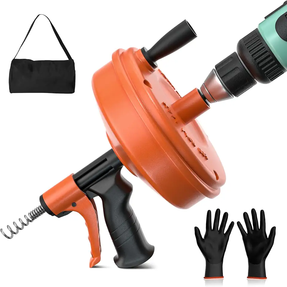 50 FT Drain Snake, Plumbing Snake Drain Auger Hair Clog Remover, Flexible Plumbing Snake Use Manually or Powered for Kitchen,Bathrom and Shower Sink, Comes with Gloves and Storage Bag