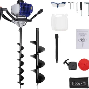 52cc 2-Stroke Gas Powered Earth Auger Post Hole Digger + 4", 8" Bits, 8500rpm Earth Auger Drill Ice Fishing Auger Posthole Digger Garden Auger for Fence Planting Gardening (US Stock)