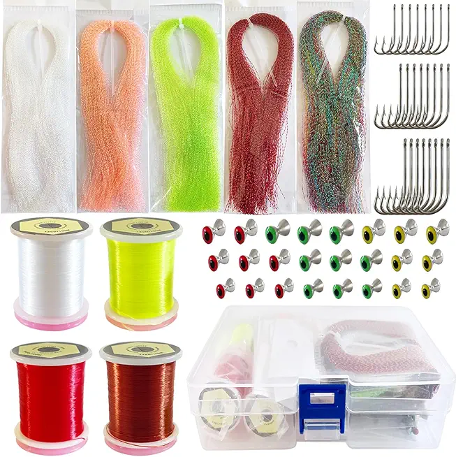 58Pcs Fly Tying Material Kit Flashabou Brass Dumbbell Eyes Thread Hooks for Starter DIY Fly Tying Tools Kit