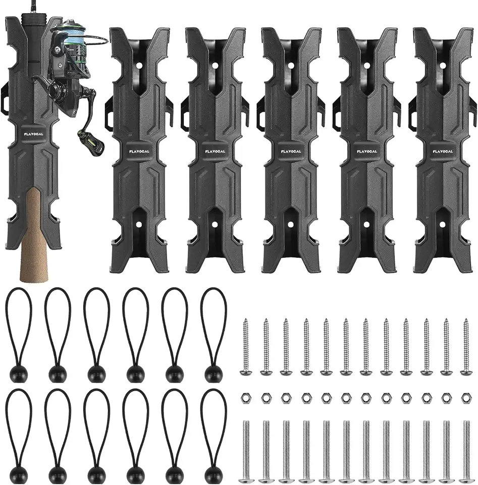 6 Pcs Mecha Boats Fishing Rod Holders,Wall Mounted Fishing Rod Holder Bracket Tube for Kayak with Screws,Ball Bungee Cords,Fishing Rod Storage Tubes for Boats,Cooler,Kayak,Crate,Garage,Trailer,Truck