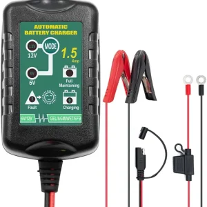 6V 12V Battery Charger 1.5A Automatic Battery maintainer trickle Battery Charger Smart Float Charger for auto car Motorcycle Lawn Mower Boat Motorcycle Snowmobile