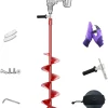 8 Inch Ice Auger, 35.95 Inch Extended Reach for Drilling Deep Ice Fishing Holes, Auger Drill Bit for Ice Post Hole Digger w/Interchangeable Sharp Blade & Cover, Ice Auger Adapter with Handle