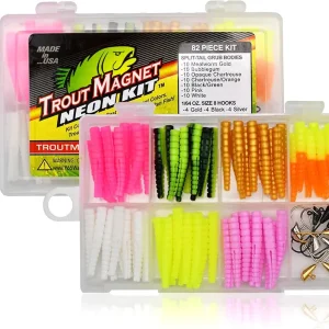 82-Piece Neon Fishing Gear Kit, Includes 70 Grub Bodies Trout Bait and 12 Size 8 Hooks