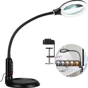 8X Magnifying Glass with Light and Clamp, 5 Color Modes Stepless Dimmable Lighted Magnifier with Stand, Flexible Gooseneck LED Desk Lamp Hands Free for Craft Reading Painting Hobby Close Work