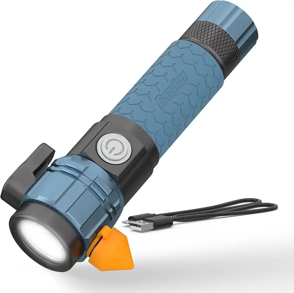 A-500 Rechargeable Flashlight, Auto Safety Seat Belt Cutter and Glass Breaker, IPX4 Water Resistant, Battery and USB Cable Included