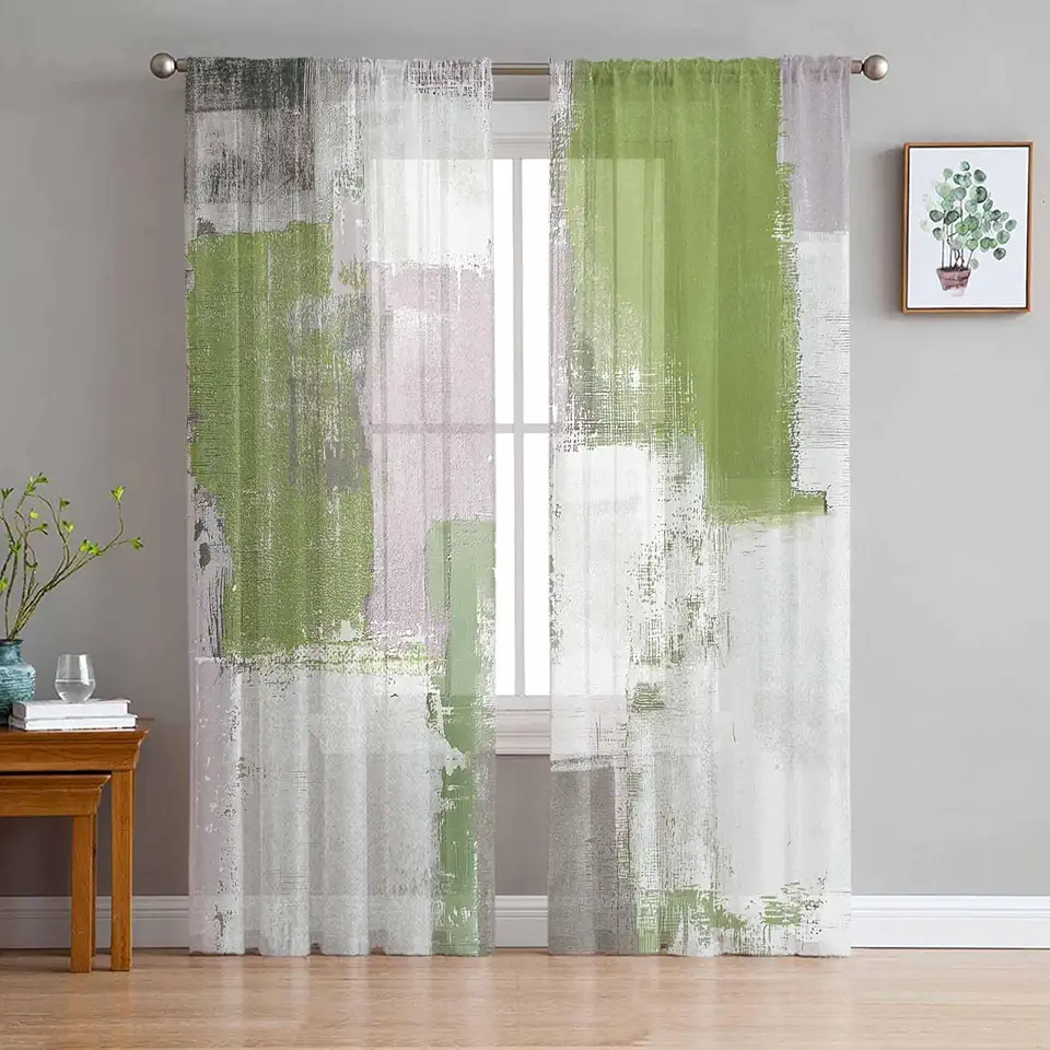 Abstract Art Sheer Window Curtains, Sage Green Gray Graffiti Style Curtain Drapes Rod Pocket Voile Window Treatment for Living Room Bedroom 52" W x 84" L Inch, Set of 2 Panels