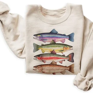 Abstract Colorful Trout In A Row Sweater - Vintage River Fish Trout Species Outfit - Fly Fishing Gift For Men & Women - Boho Unisex Graphic Crewneck Sweatshirt