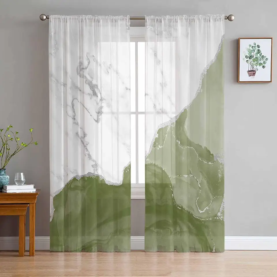 Abstract Modern Art Sheer Curtains 72 Inch Long 2 Panels, Marble Sage Green White Silver Line Curtains for Living Room Rod Pocket Sheer Drapes Light Filtering Voile Window Treatment 52"W x 72"L