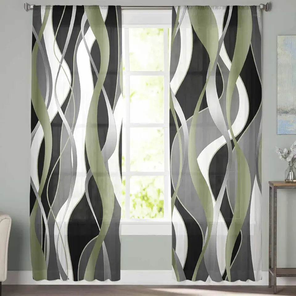 Abstract Sheer Curtains 72 Inch Long 2 Panels Distortion Stripes Sage Green Gradient Decor Light Filtering Rod Pocket Semi Sheer Curtains, Voile Drapes for Living Room Bedroom, 52"x72"