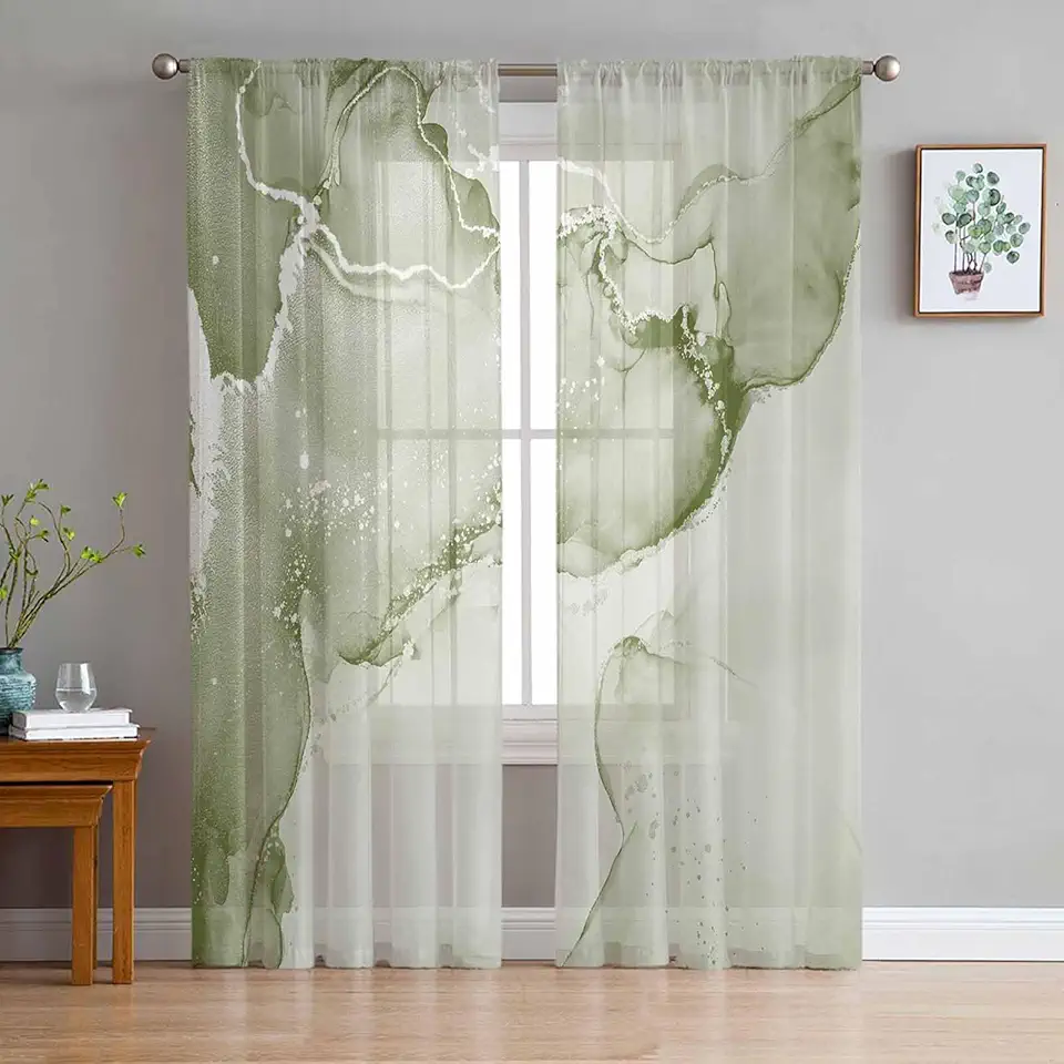 Abstract Sheer Curtains 72 Inch Long 2 Panels, Fluid Art Sage Green Ripples Curtains for Living Room Rod Pocket Sheer Drapes Light Filtering Voile Window Treatment 52" W x 72" L