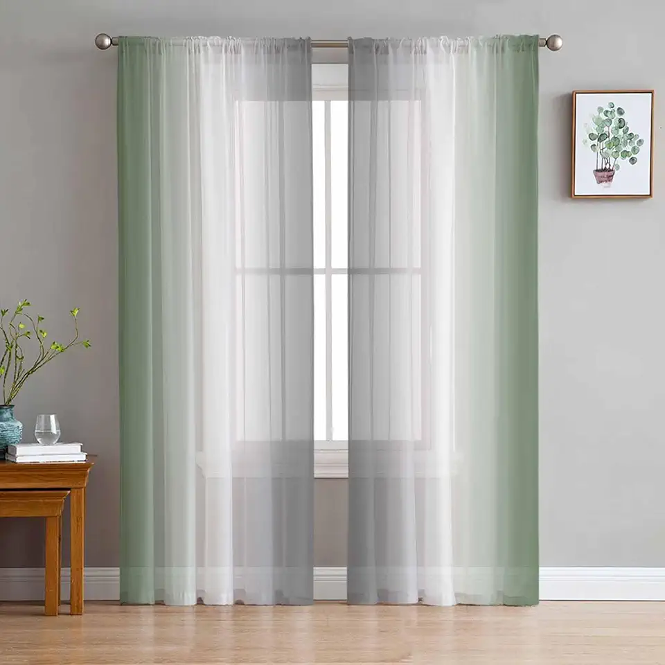 Abstract Sheer Curtains 72 Inch Long 2 Panels, Gradient Sage Green White Gray Curtains for Living Room Rod Pocket Sheer Drapes Light Filtering Voile Window Treatment 52" W x 72" L