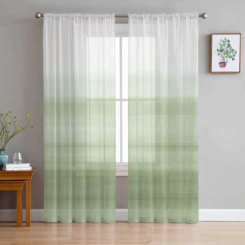 Abstract Sheer Curtains 72 Inch Long 2 Panels, Modern Art Ombre Sage Green Curtains for Living Room Rod Pocket Sheer Drapes Light Filtering Voile Window Treatment 52" W x 72" L