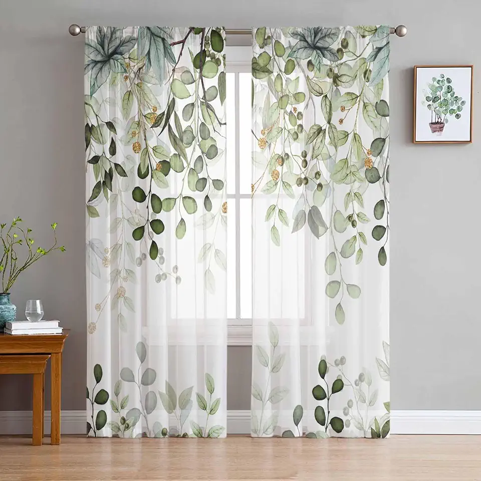Abstract Sheer Curtains 72 Inch Long 2 Panels, Plants Sage Green Leaves Branches Curtains for Living Room Rod Pocket Sheer Drapes Light Filtering Voile Window Treatment 52" W x 72" L