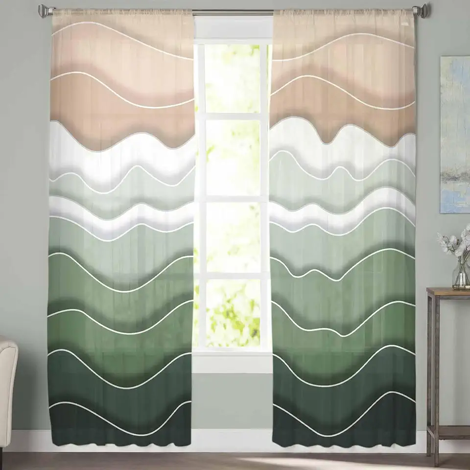 Abstract Sheer Curtains 72 Inch Long 2 Panels Sage Green Brown Gradient Waves Beach Lines Light Filtering Rod Pocket Semi Sheer Curtains, Voile Drapes for Living Room Bedroom, 52"x72"