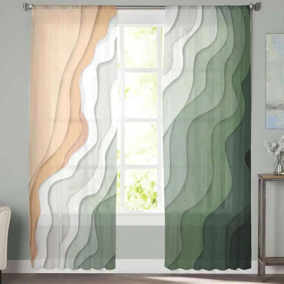 Abstract Sheer Curtains 72 Inch Long 2 Panels Sage Green Gradient Ocean Beach Waves Light Filtering Rod Pocket Semi Sheer Curtains, Voile Drapes for Living Room Bedroom, 52"x72"