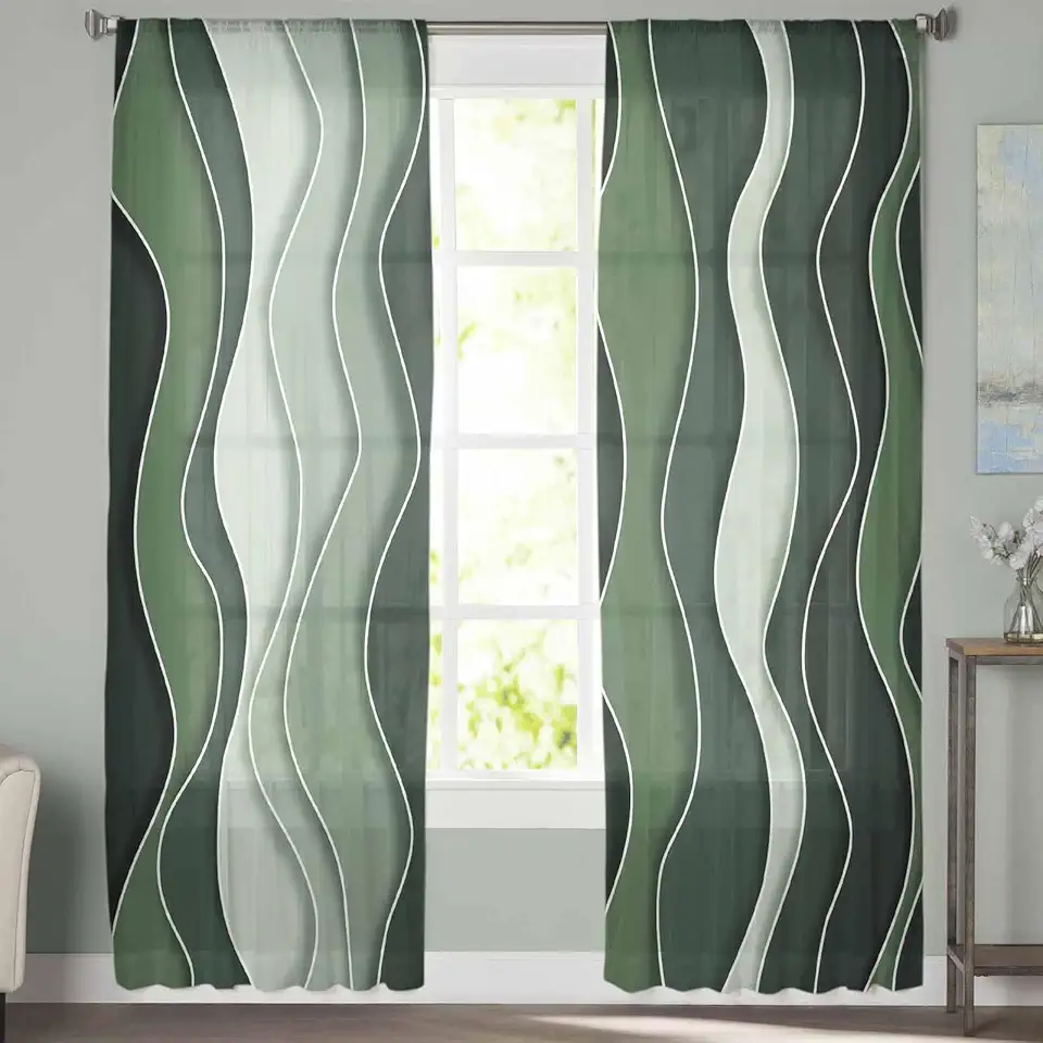 Abstract Sheer Curtains 72 Inch Long 2 Panels Sage Green Gradient Waves Beach Lines Light Filtering Rod Pocket Semi Sheer Curtains, Voile Drapes for Living Room Bedroom, 52"x72"