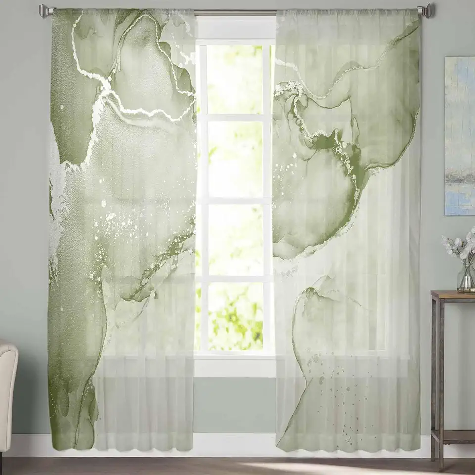 Abstract Sheer Curtains 72 Inch Long 2 Panels Sage Green Silver Marble Ripples Clouds Luxury Light Filtering Rod Pocket Semi Sheer Curtains, Voile Drapes for Living Room Bedroom, 52"x72"