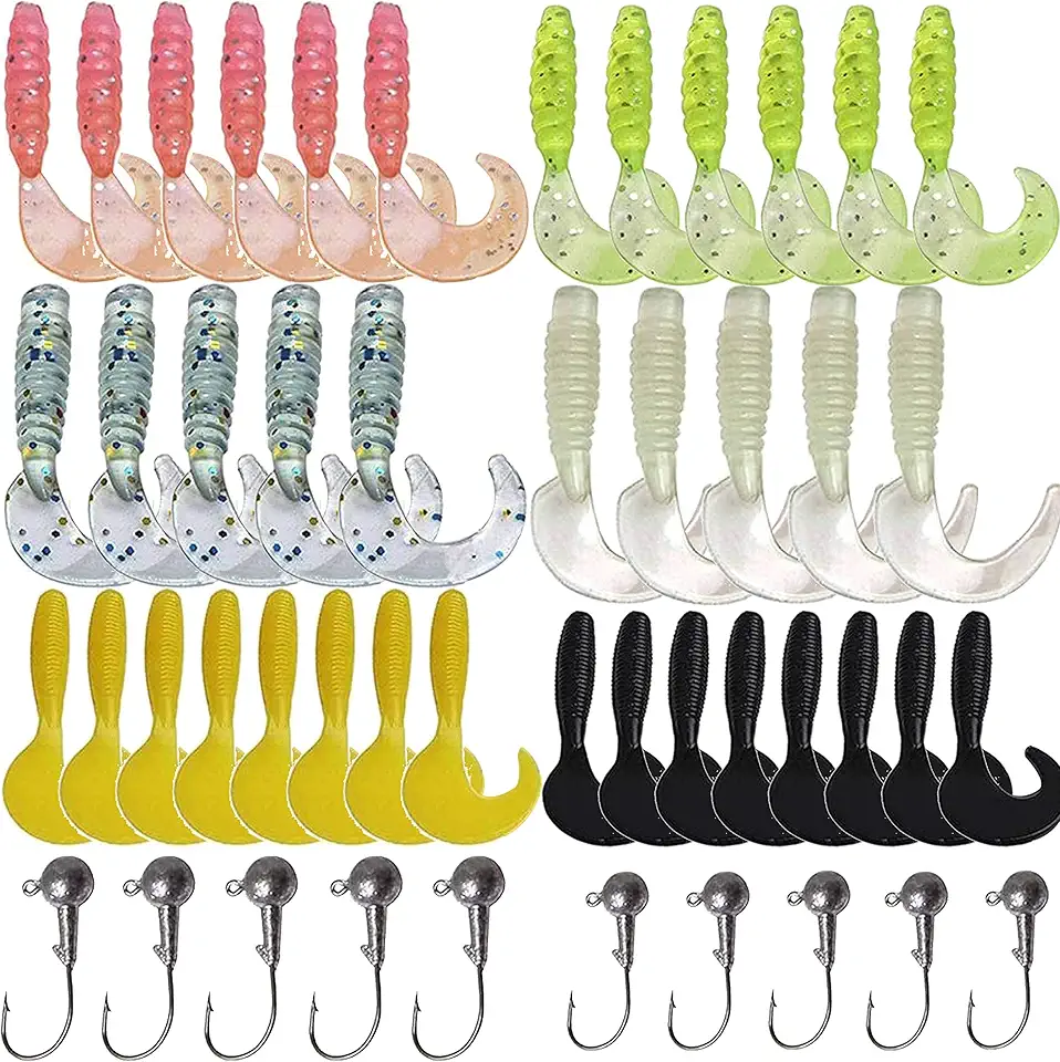 AGOOL Grub Fishing Lures Jig Heads Hooks Kit, Crappie Lures Tube Baits Soft Worms Grub Tail Crappie Jigs Fishing Hooks for Bass Trout Bluegill Panfish