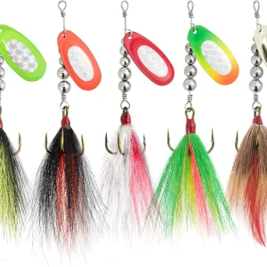Alownder 5PCS Musky Lures Bucktail Spinnerbait Muskie Fishing Lures, French Blade Stainless Steel Shaft Beads Triple Hook Inline Spinner Bait Kit for Pike Bass Trout Kokanee Salmon Fishing
