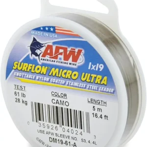 American Fishing Wire Surflon Micro Ultra Nylon Coated 1x19 Stainless Steel Leader Wire - Knottable Fishing Leaders Saltwater & Fly Fishing, 6lb Test - 61lb Test, Bright, Black & Camo Colors