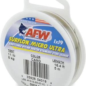 American Fishing Wire Surflon Micro Ultra Nylon Coated 1x19 Stainless Steel Leader Wire - Knottable Fishing Leaders Saltwater & Fly Fishing, 6lb Test - 61lb Test, Bright, Black & Camo Colors