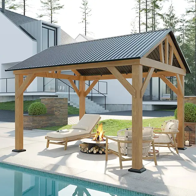 AMERLIFE 10x12 ft Wood Gazebo, Hardtop Pergola with Metal Steel Gable Roof, Outdoor Gazebo with Guest House for Garden, Porch, Patio, Black + Natural Wood