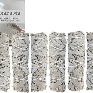 Ancient VEDA 4 Inch White Sage Smudge Sticks Bulk with Starter Guide (6 Pack) Smudge Sticks Sage for Cleansing House | White Sage for Smudging and Negative Energy Yoga | California Sage Bundles