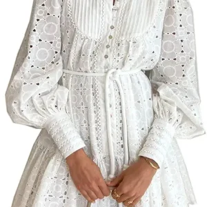 Aofur Summer Cotton V Neck Long Losse Sleeve Casual Party A-Line Dresses Embroidery Short Dress