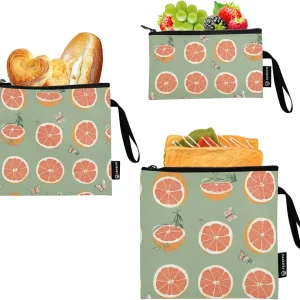 Art Grapefruit Fruit Sage Green Reusable Zipper Snack Bags 3 Pack Food Storage Kitchen Lunch Tote for Beach Fishing Picnic