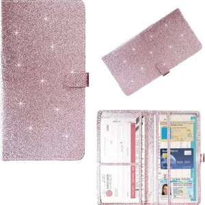 Augeny Car Registration and Insurance Holder, 5.11" x 9.44" Premium Auto Glove Box Organizer with Magnetic Closure, Wallet Case Accessories for Cards, Document, Driver License (Glitter Pink)