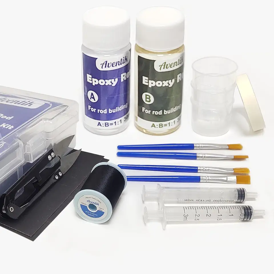 Aventik Fishing Rod Repair Kit Complete Supplies with Two-Part Epoxy Resin, 500D Wrapping Thread, Clipper, and Masking Tape Fishing Pole Repair Kit