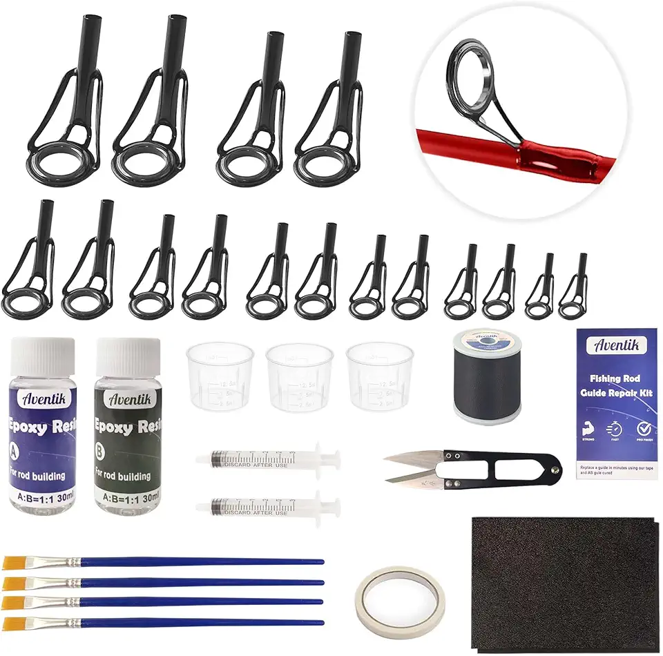 Aventik Fishing Rod Tip Repair Kit Complete with Rod Building Supplies, Glue, Wrapping Thread, Tips Top Eyelet Replacements for Fishing Pole Repair Kit