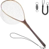 Aventik Fly Fishing Net - Wooden Landing Net with Measuring Mark & Soft Rubber Bag for Catch & Release
