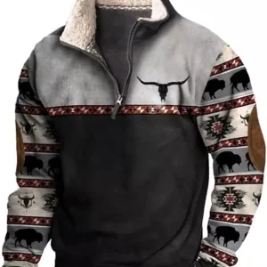 Aztec Cowboy Mens Hoodie Vintage Graphic Western Hoodies Casual Long Sleeve Quarter Zip Pullover with Pocket