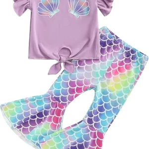 Baby Girl Summer Clothes Fly Sleeve Crop Top and Bell Bottom Fish Scale Pants Toddler Girl Sea Outfit 1-6Y
