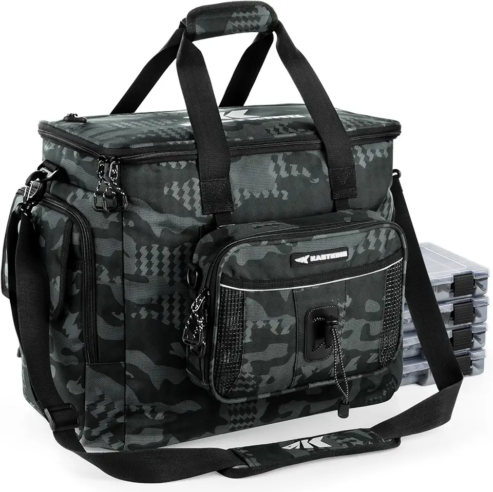 BaitSpace Fishing Tackle Bag With 4 Tackle Boxes & Removable Bait Binder, Water-Resistant Tackle Storage, Durable Fishing Gear, Adjustable Shoulder Strap