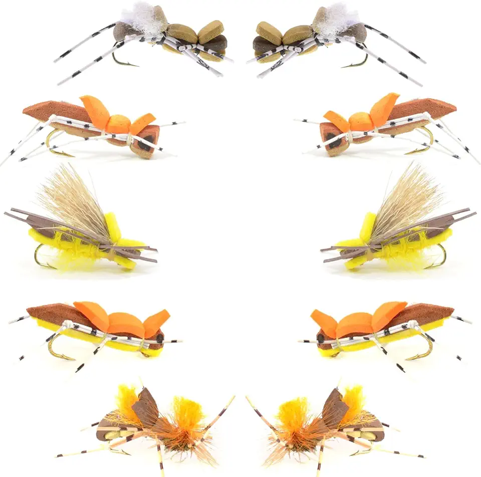 Basics Collection - Foam Hoppers Dry Fly Assortment - 10 Dry Fishing Grasshopper Flies - 5 Patterns - Hook Size 10