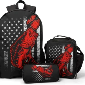 Bass Fishing Lure Teens School Backpack Set American Flag Canvas Girls Boys School Bags Travel Bookbags 3 in 1