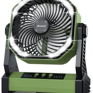 Battery Operated Camping Fan, 20000mAh Rechargeable Portable Fan, 4 Speed Outdoor Fan with LED Light and Hook for Tent Car Travel Jobsite Fishing Outdoor Hurricane Power Outage