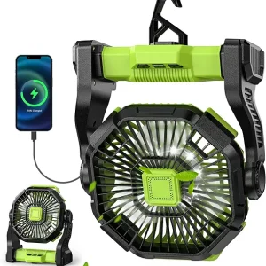 Battery Powered Fan -Camping Fan with Led Lantern, 12000mAh Portable Rechargeable, Battery Operated for Tent, Hook 4 Speed Quiet Personal for Desk, Travel, Fishing, Power Outage, Hurricane-Green