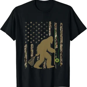 Bigfoot Fly Fishing Sasquatch American Flag Tree Camouflage T-Shirt