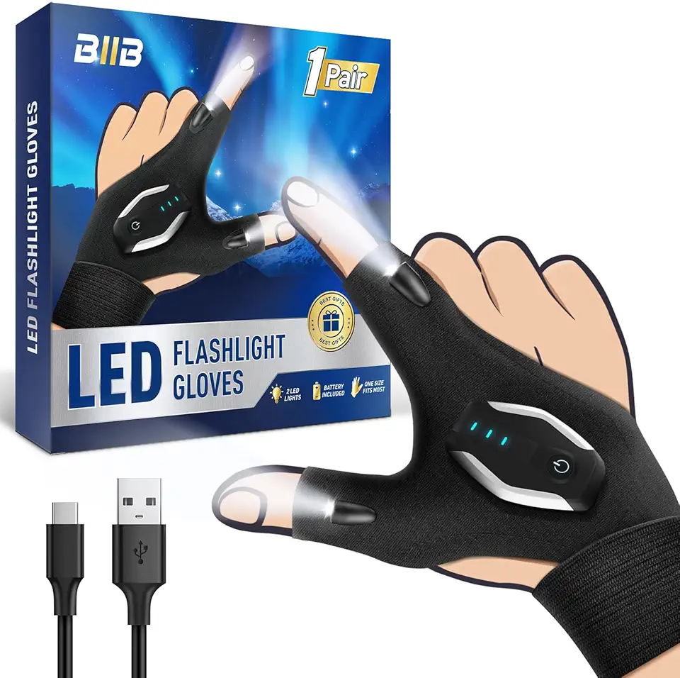 BIIB Rechargeable Flashlight Gloves Birthday Gifts for Men, Gifts for Men Dad Him Grandpa Husband, Fathers Day Dad Gift from Daughter, Unique Mens Gift, Cool Gadgets for Mens, Camping Essentials