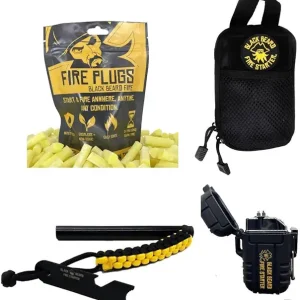 Black Beard Fire Plug Kit - 50 Waterproof Fire Plugs, Arc Lighter, Ferro Rod and Organizer Case for Camping, Backpacking and Emergency Survival