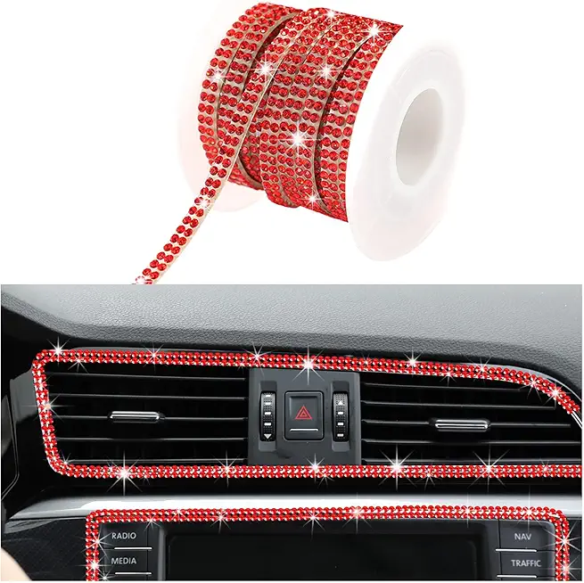 Bling Car Trim Self Adhesive, 16.4Ft Rhinestone Crystal Automotive DIY Decoration Strips for Interior & Exterior, Sparkly 5M Dashboard Decor Line Ribbons for Women Girls (Red, 5mm)