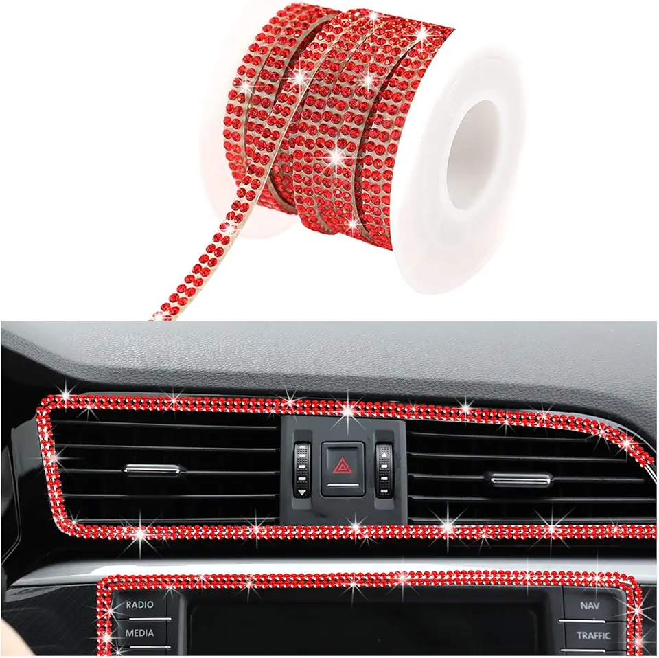 Bling Car Trim Self Adhesive, 16.4Ft Rhinestone Crystal Automotive DIY Decoration Strips for Interior & Exterior, Sparkly 5M Dashboard Decor Line Ribbons for Women Girls (Red, 5mm)