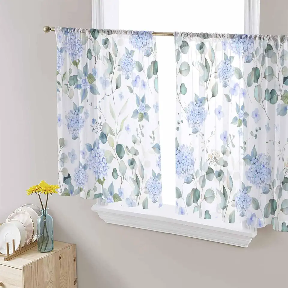 Blue Flower Sheer Curtains for Kitchen Bedroom Living Room Windows,Sage Green Eucalyptus Leaf Farmhouse Country Rod Pocket Decorative Drapes Semi-Sheer Door Curtain 54 Inch Length 2 Panels Set 52x54